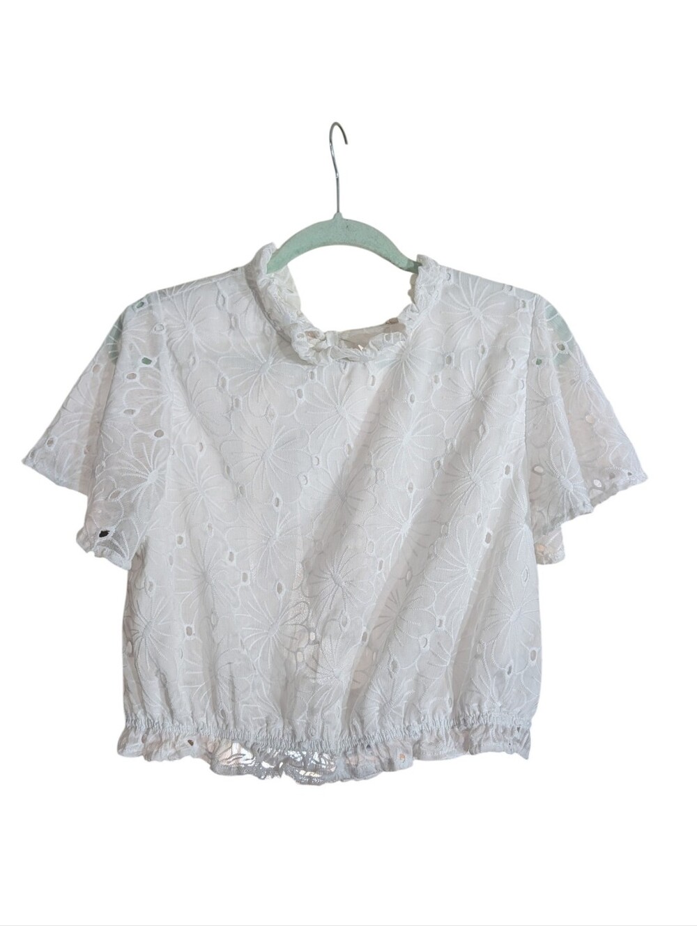 Altar'd State White Floral Eyelet Ruffle Tie-Back Crop Blouse | Cottagecore Boho - Picture 3 of 12